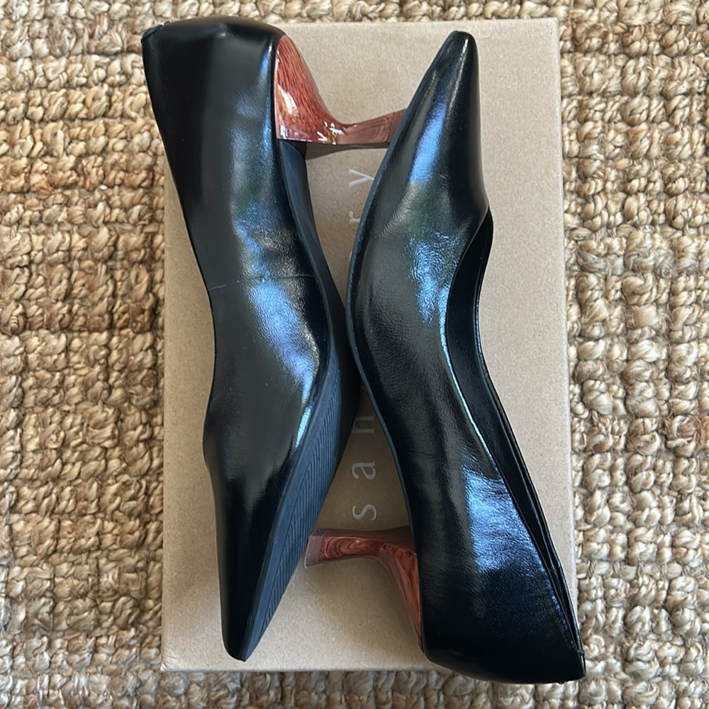 Sanctuary Padma pointed toe black leather wood detail heel kitten heels 7.5